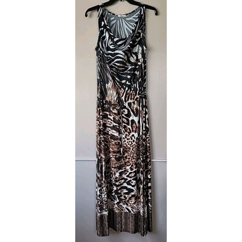 Milano Maxi Dress SzS Animal Print Brown Black White Sleeveless Draw Sting